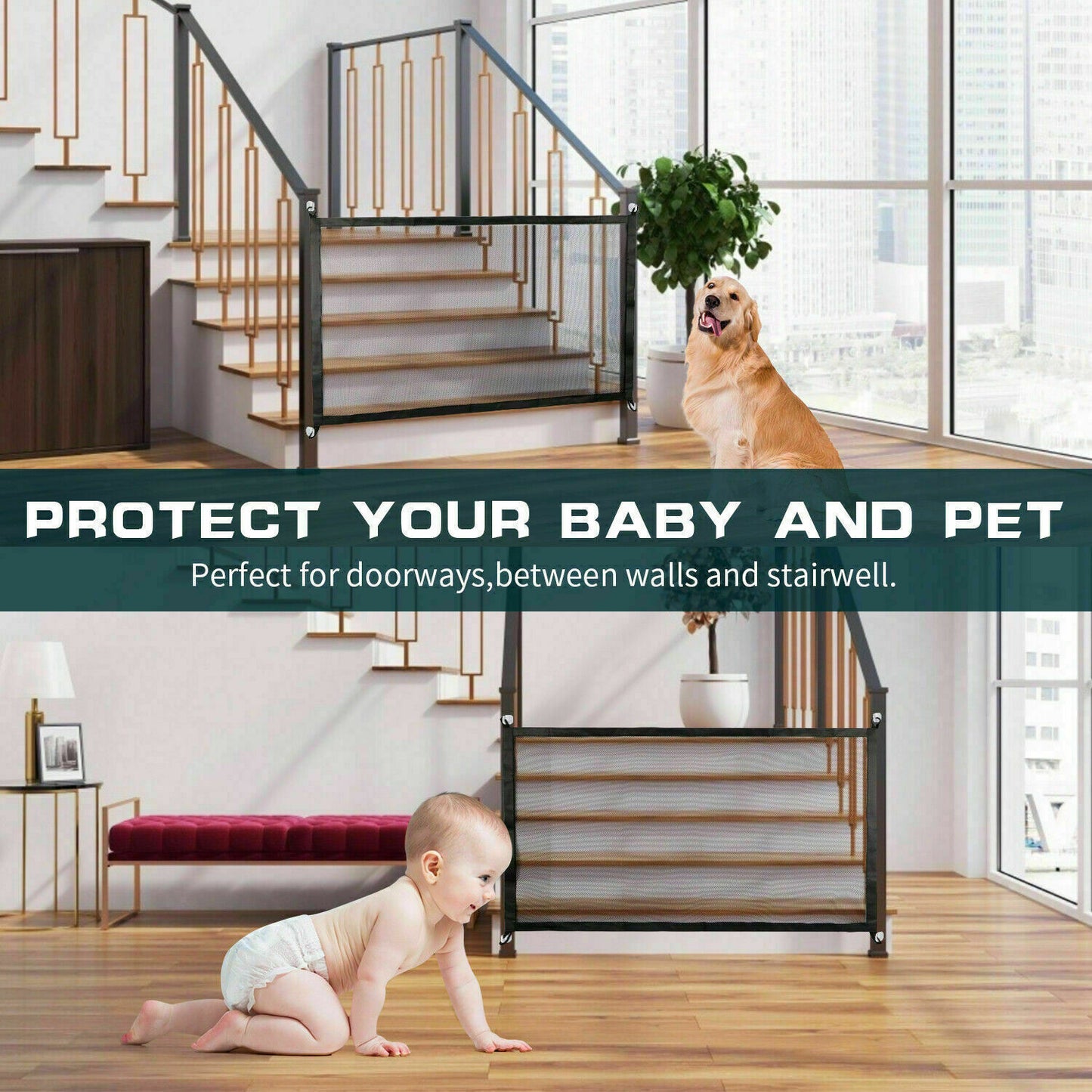 Portable Pet Safety Gate – Mesh Barrier for Dogs & Cats, Easy Install for Doors & Stairs