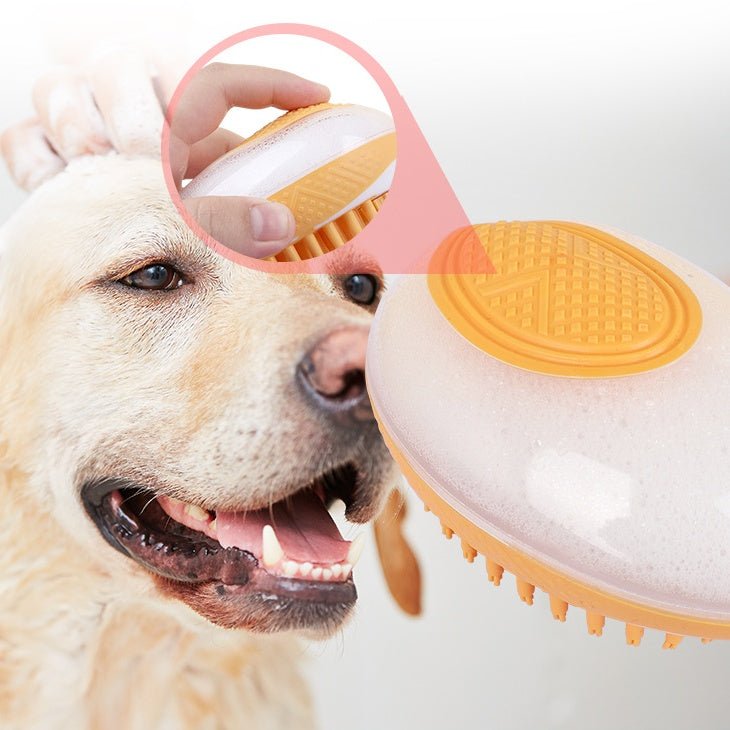 TurnSpin silicone grooming brush gently massaging dog during bath