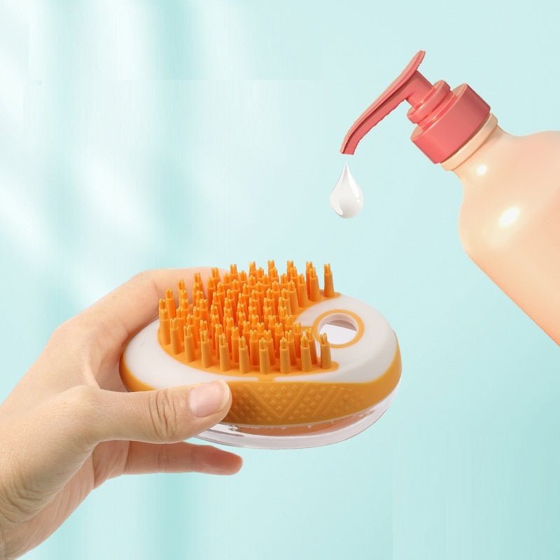 Filling the built-in shampoo dispenser of the TurnSpin 2-in-1 Pet Bath Brush