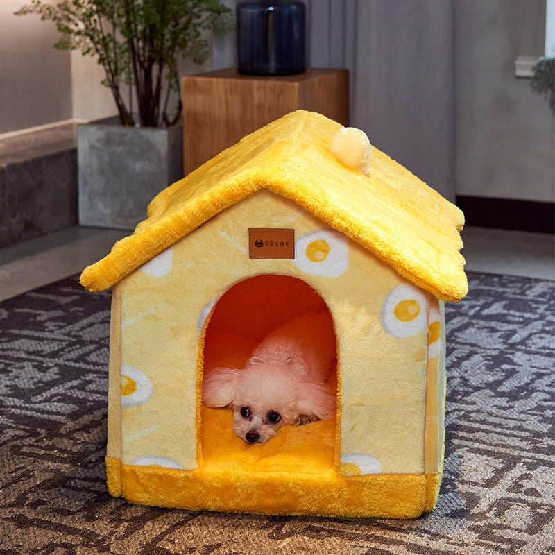 Foldable Pet Cave Bed – Warm Winter Dog & Cat House, Cozy Nest Kennel with Removable Cushion