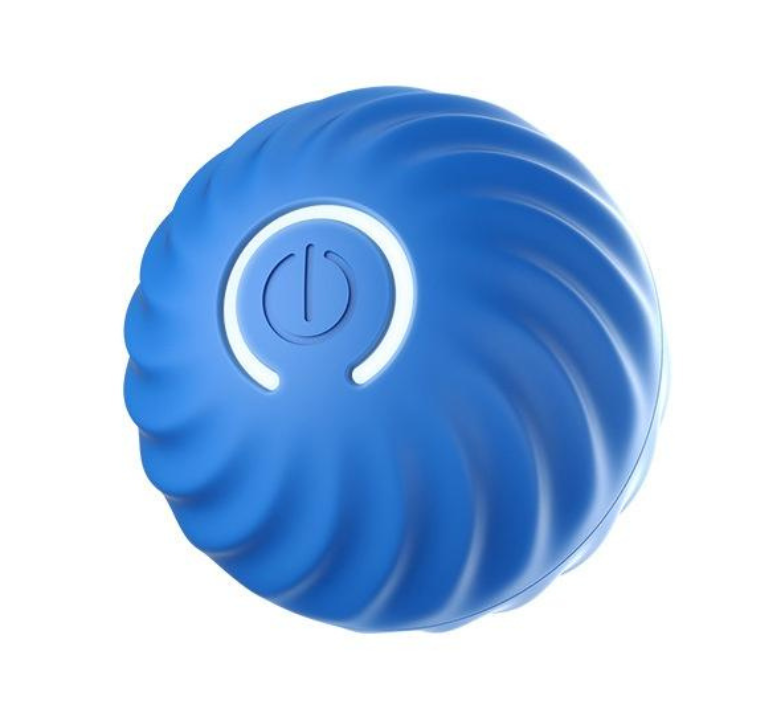Close-up of blue Happy Hopper pet toy ball showing spiral texture and power button.