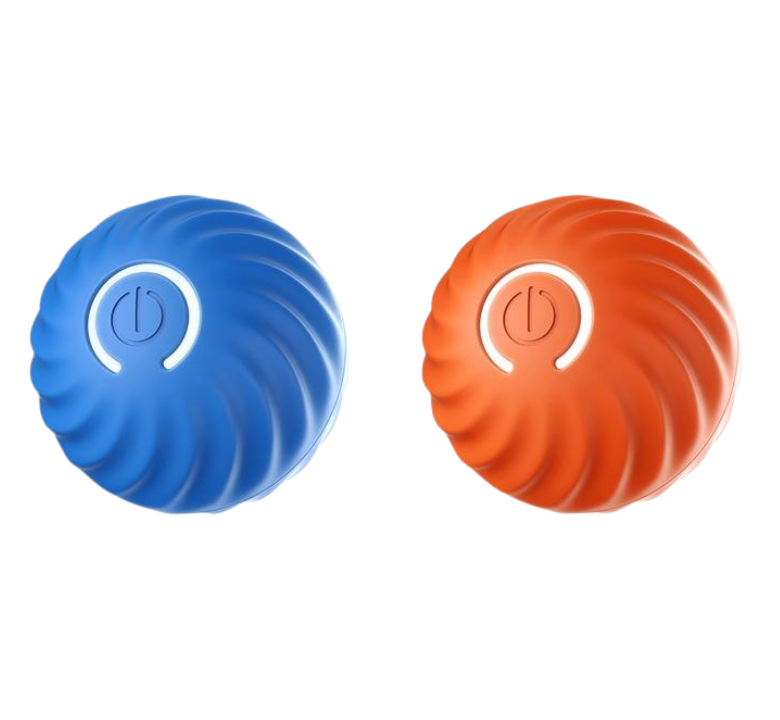 Blue and orange Happy Hopper interactive pet toy balls side by side.