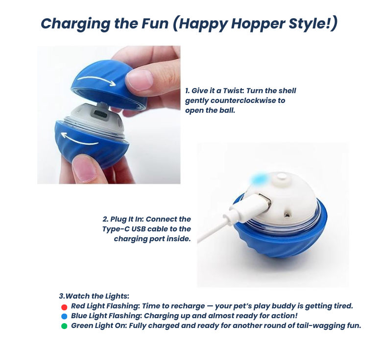Charging the Happy Hopper pet toy with USB Type-C cable and indicator light guide.
