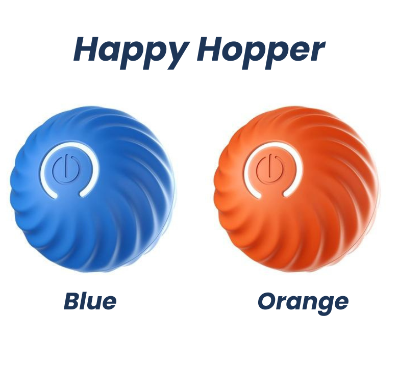 Happy Hopper interactive dog and cat toy balls in blue and orange.