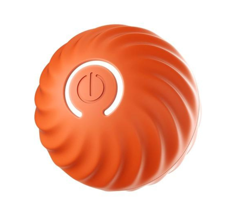 Close-up of orange Happy Hopper pet toy ball showing spiral texture and power button.