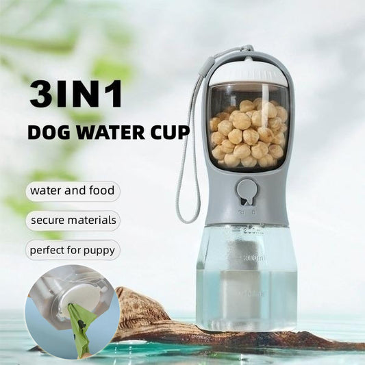 3-in-1 Pet Water Bottle – Portable Dog Travel Cup with Food Container & Waste Bag Holder
