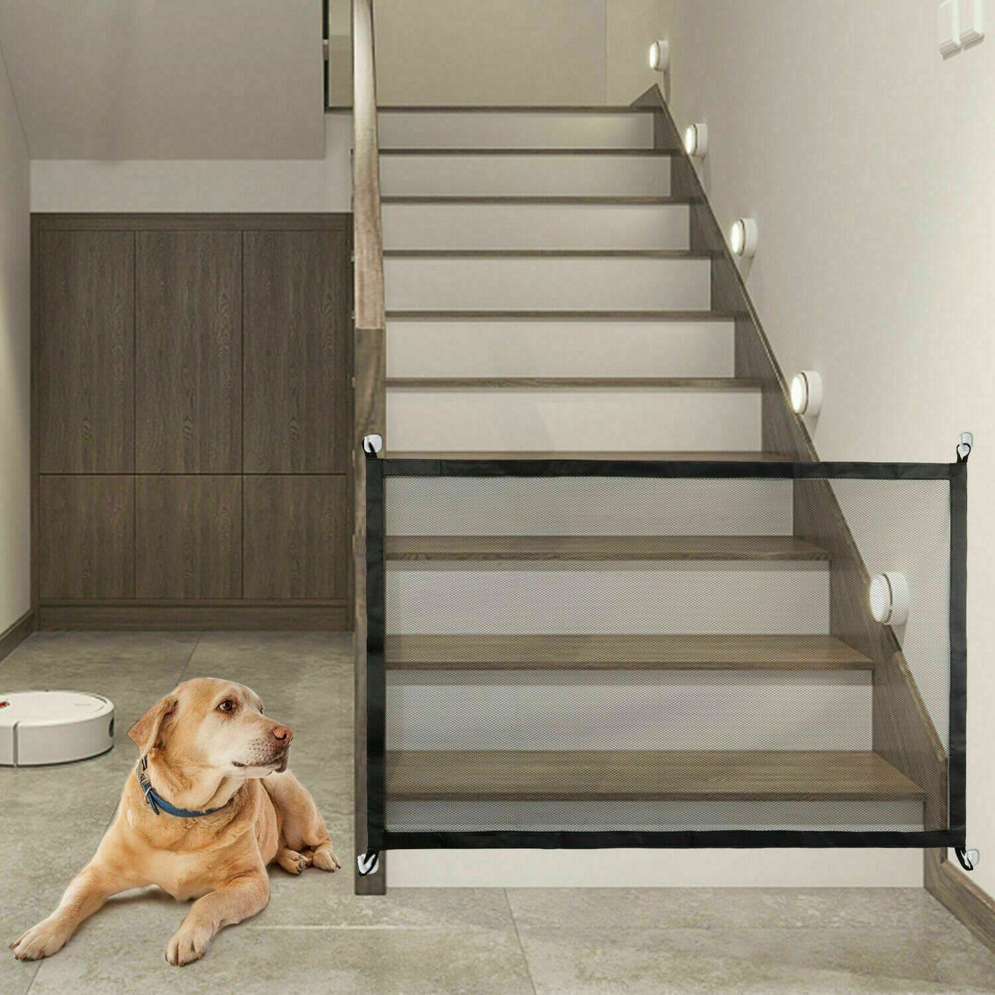 Portable Pet Safety Gate – Mesh Barrier for Dogs & Cats, Easy Install for Doors & Stairs