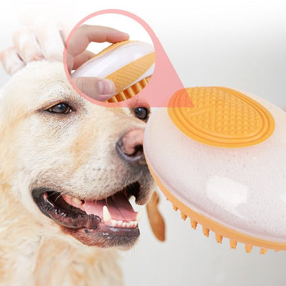 TurnSpin silicone grooming brush gently massaging dog during bath