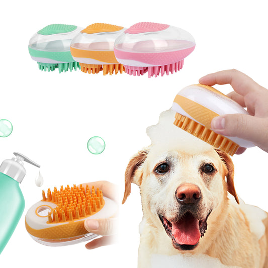 Golden retriever enjoying bath with TurnSpin 2-in-1 Pet Bath Brush with shampoo dispenser