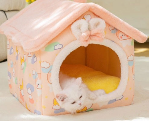 Foldable Pet Cave Bed – Warm Winter Dog & Cat House, Cozy Nest Kennel with Removable Cushion