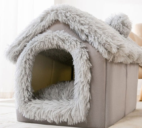 Foldable Pet Cave Bed – Warm Winter Dog & Cat House, Cozy Nest Kennel with Removable Cushion