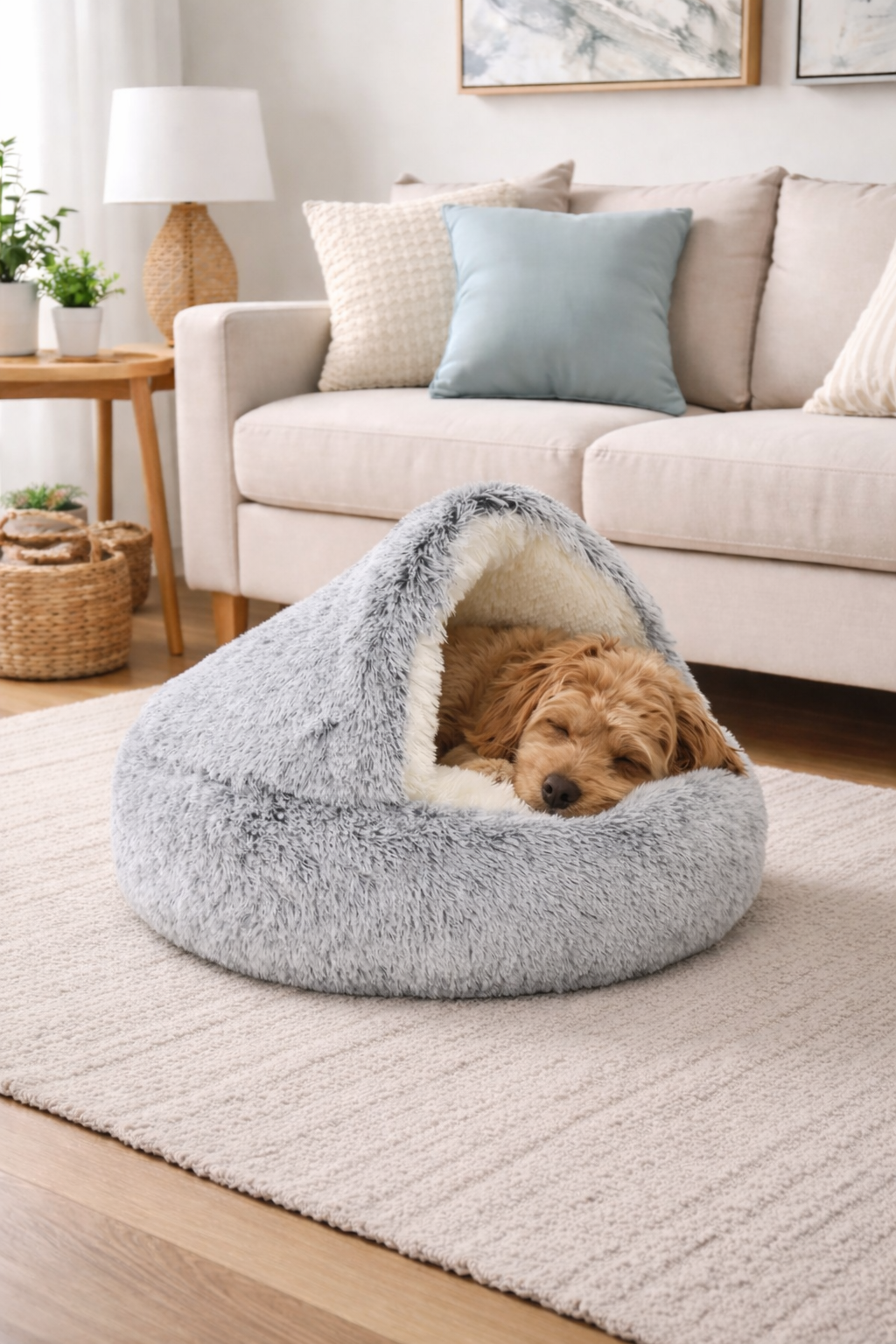 Small dog resting inside the gray TurnSpin Burrow Bed