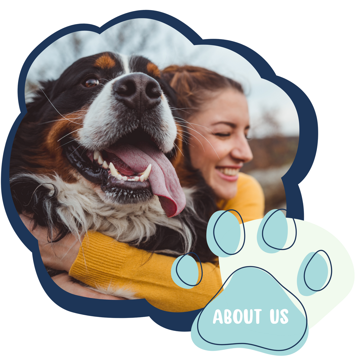 About us graphic hugging dog