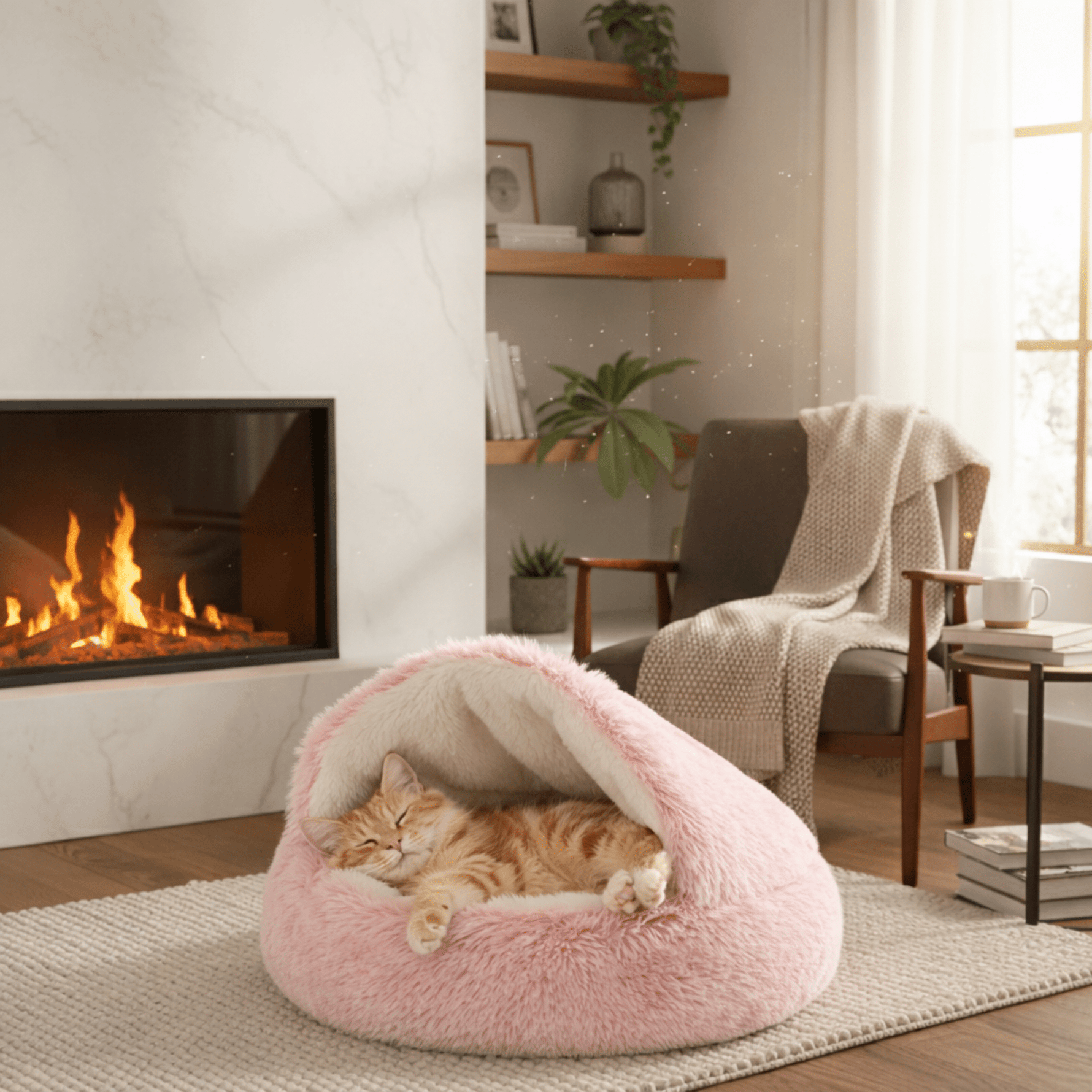 Cat nestled in cozy cave pet bed - lifestyle shot