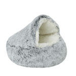 Plush gray cave pet bed on white background - hero product shot