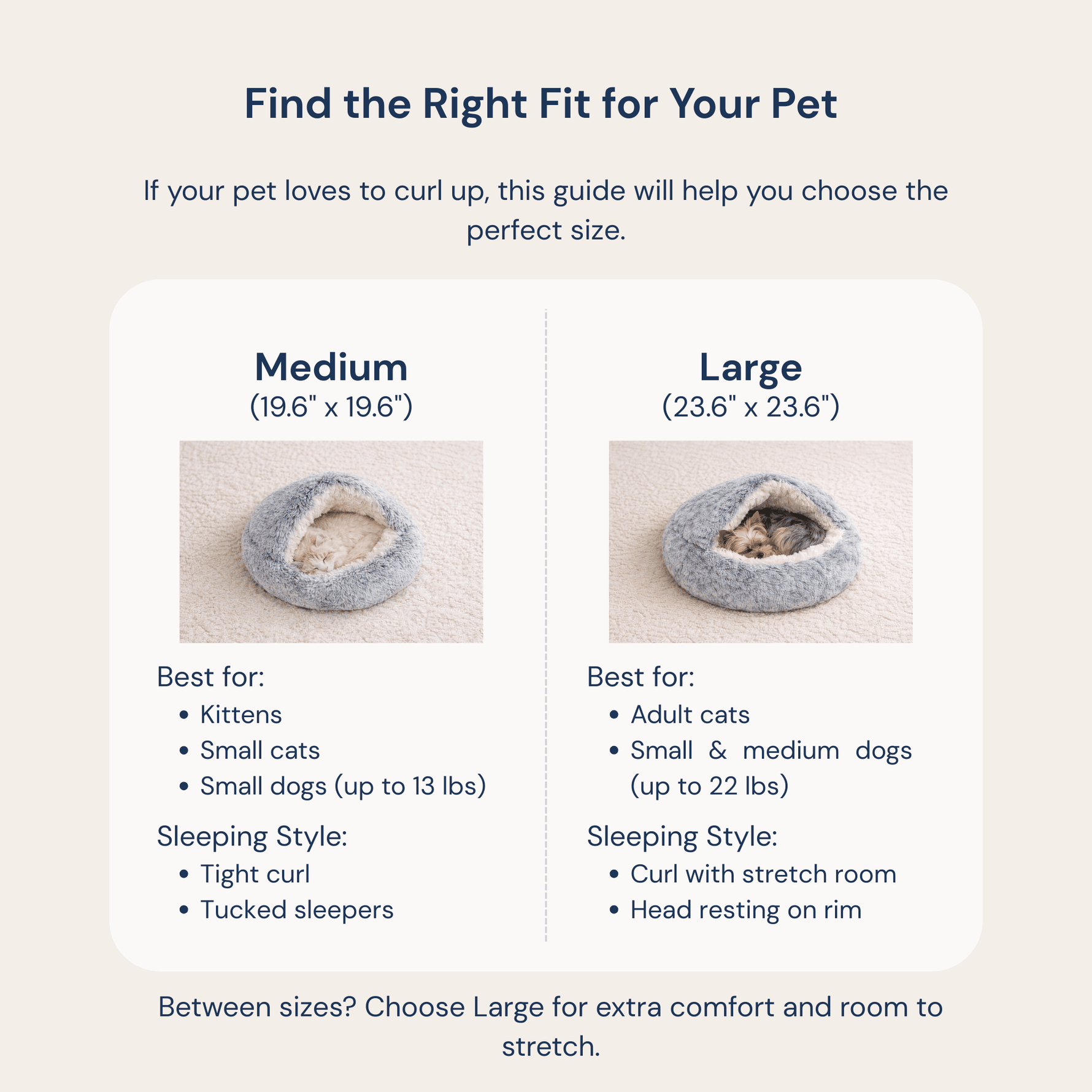 Pet cave bed sizing chart for cats and small dogs
