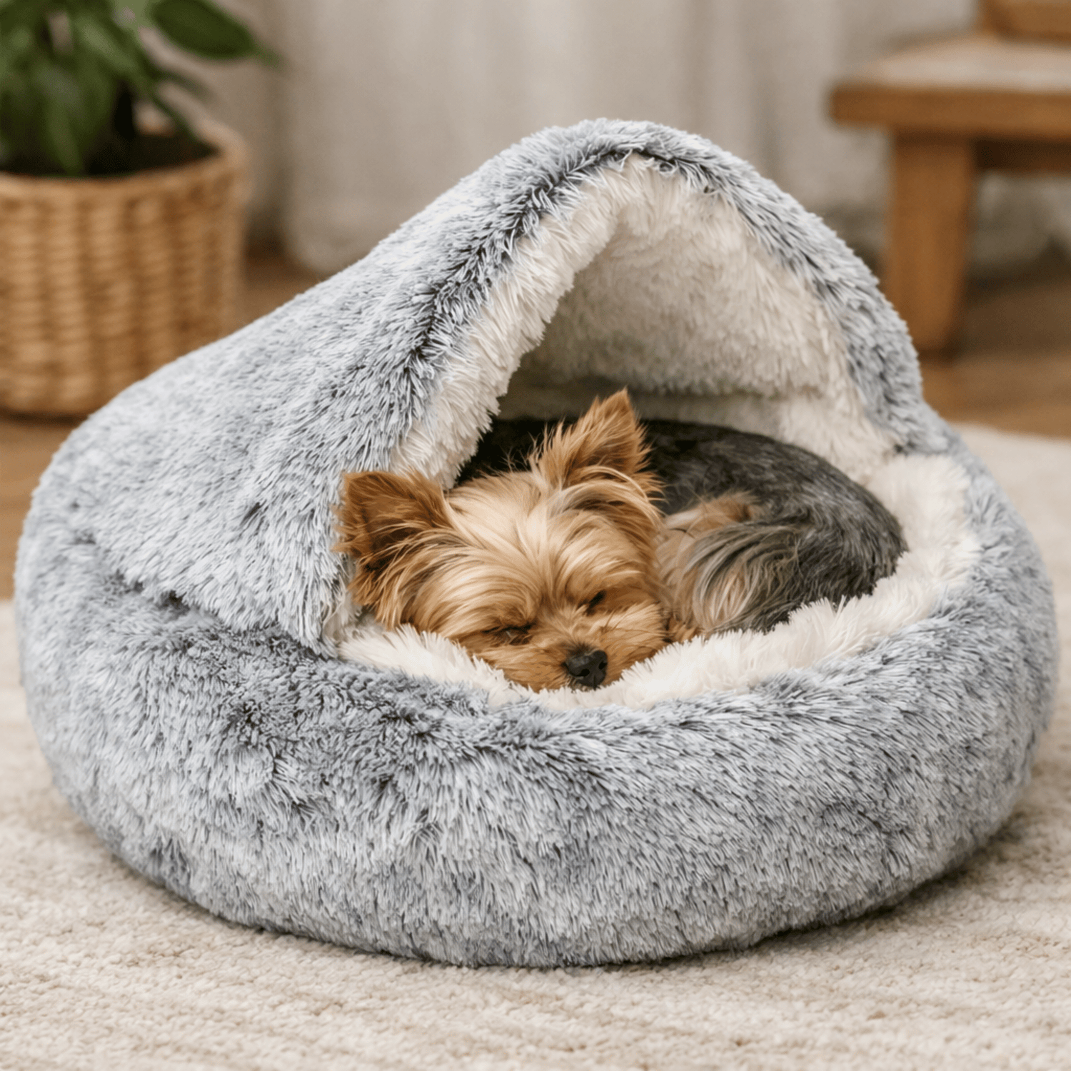 Small Yorkie dog relaxing inside gray cave pet bed - lifestyle shot