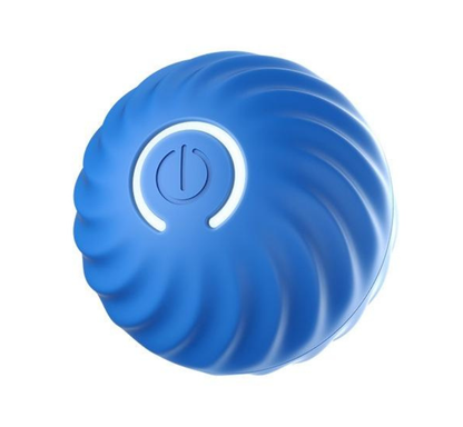 Close-up of blue Happy Hopper pet toy ball showing spiral texture and power button.
