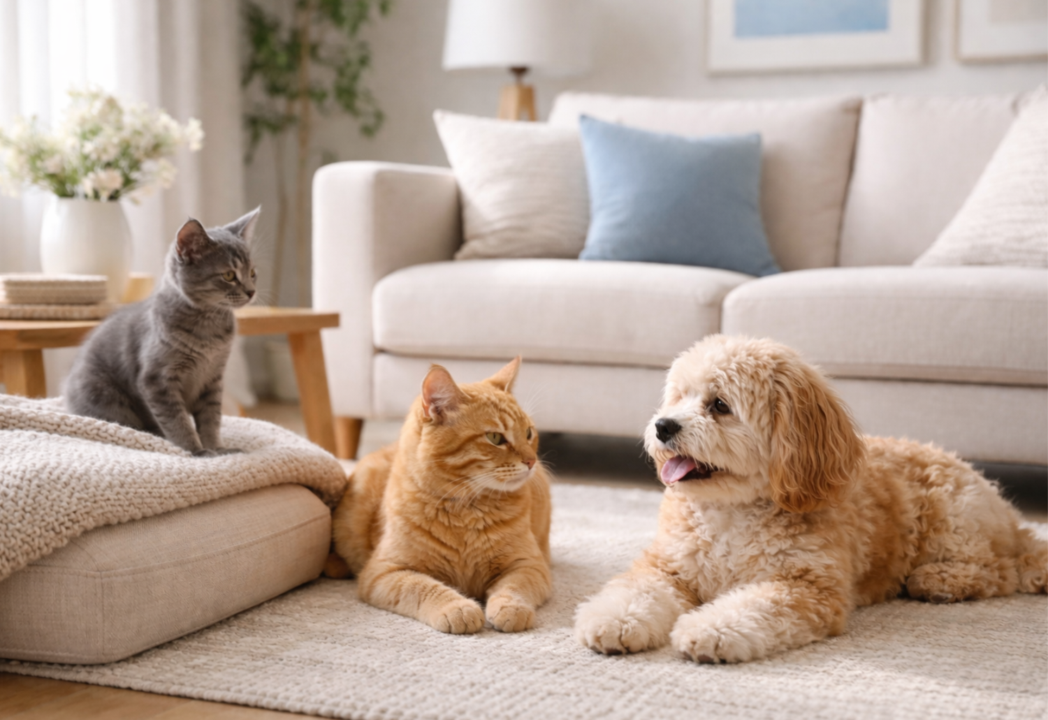 Small dog resting on a living room floor beside two cats, representing a calm, pet-friendly home environment.